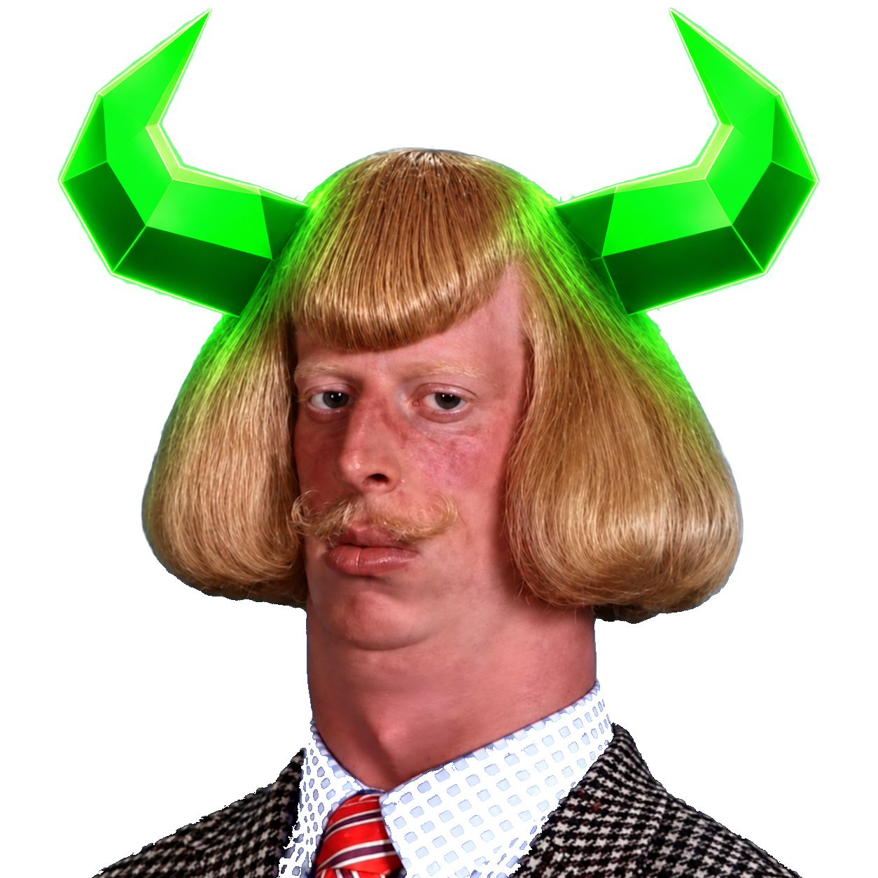 JEANSEM with a blond bowl cut, curled moustache and glowing green bull horns