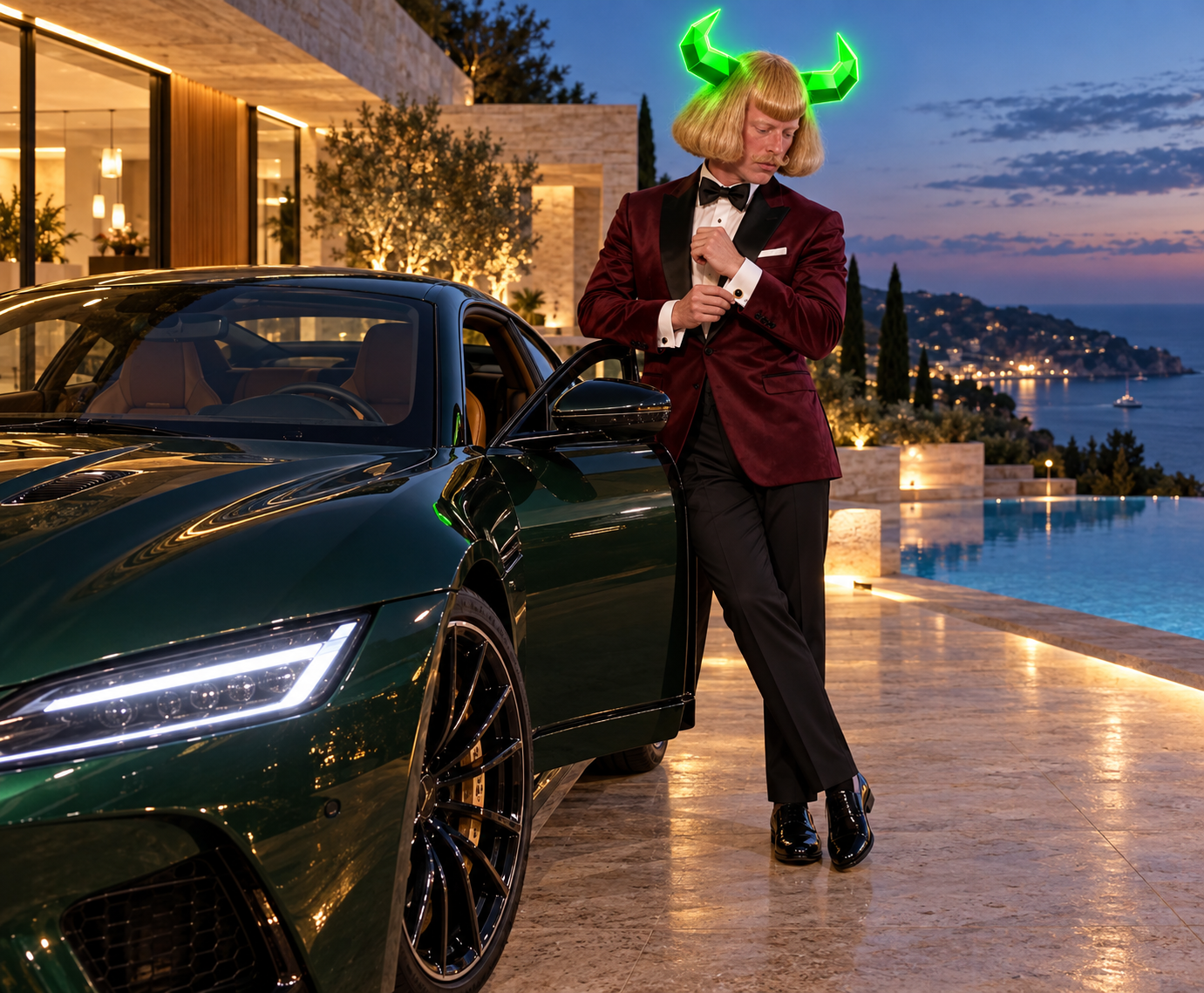 JEANSEM in a burgundy jacket beside a sports car at a seaside villa