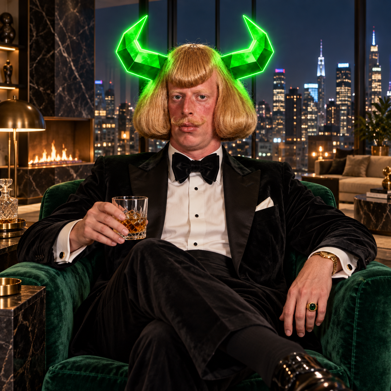 JEANSEM in a tuxedo holding a drink in a penthouse lounge